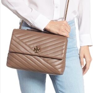 Tory Burch Kira Chevron Taupe Quilted Shoulder Bag
